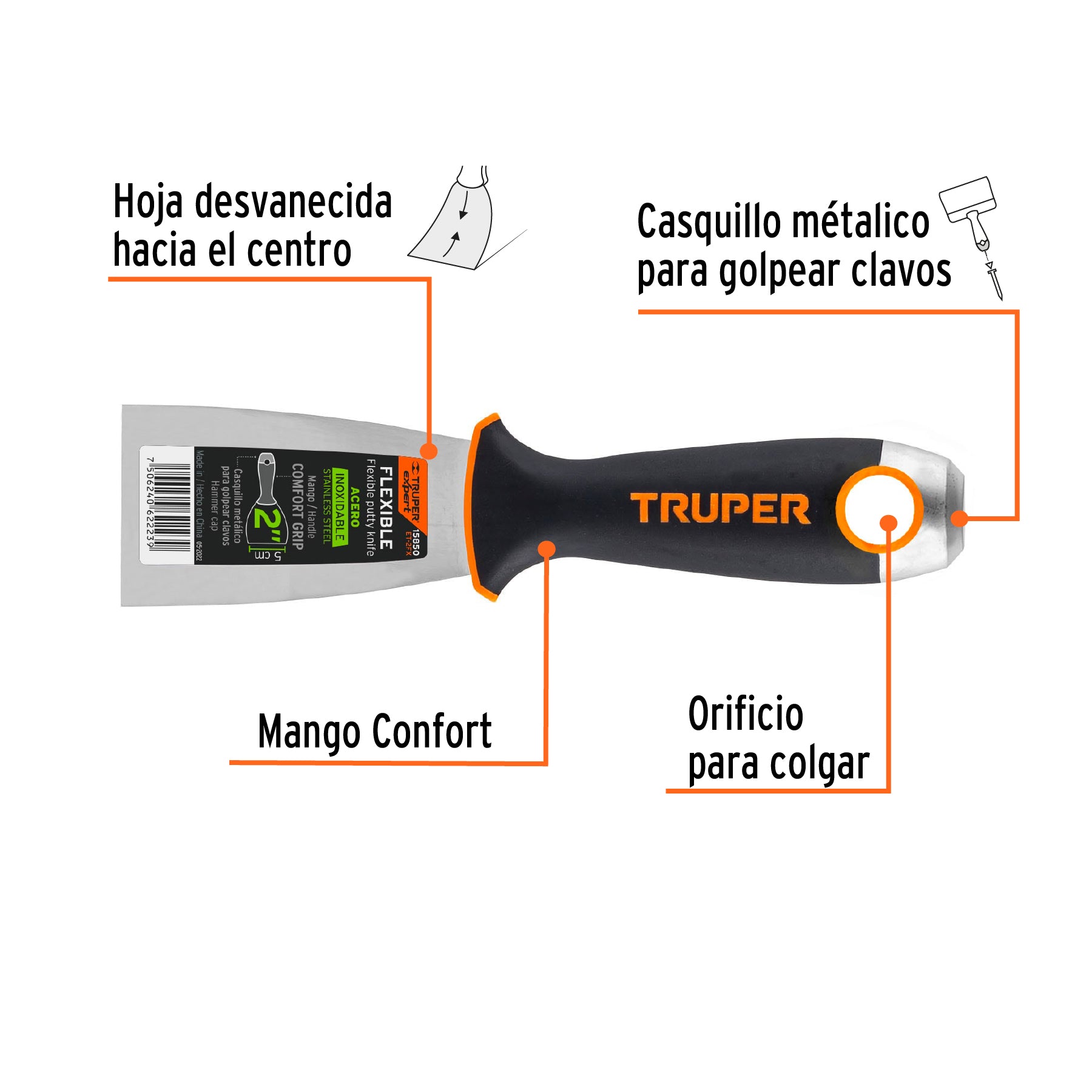Espátula flexible 2", acero inoxidable, mango comfort grip