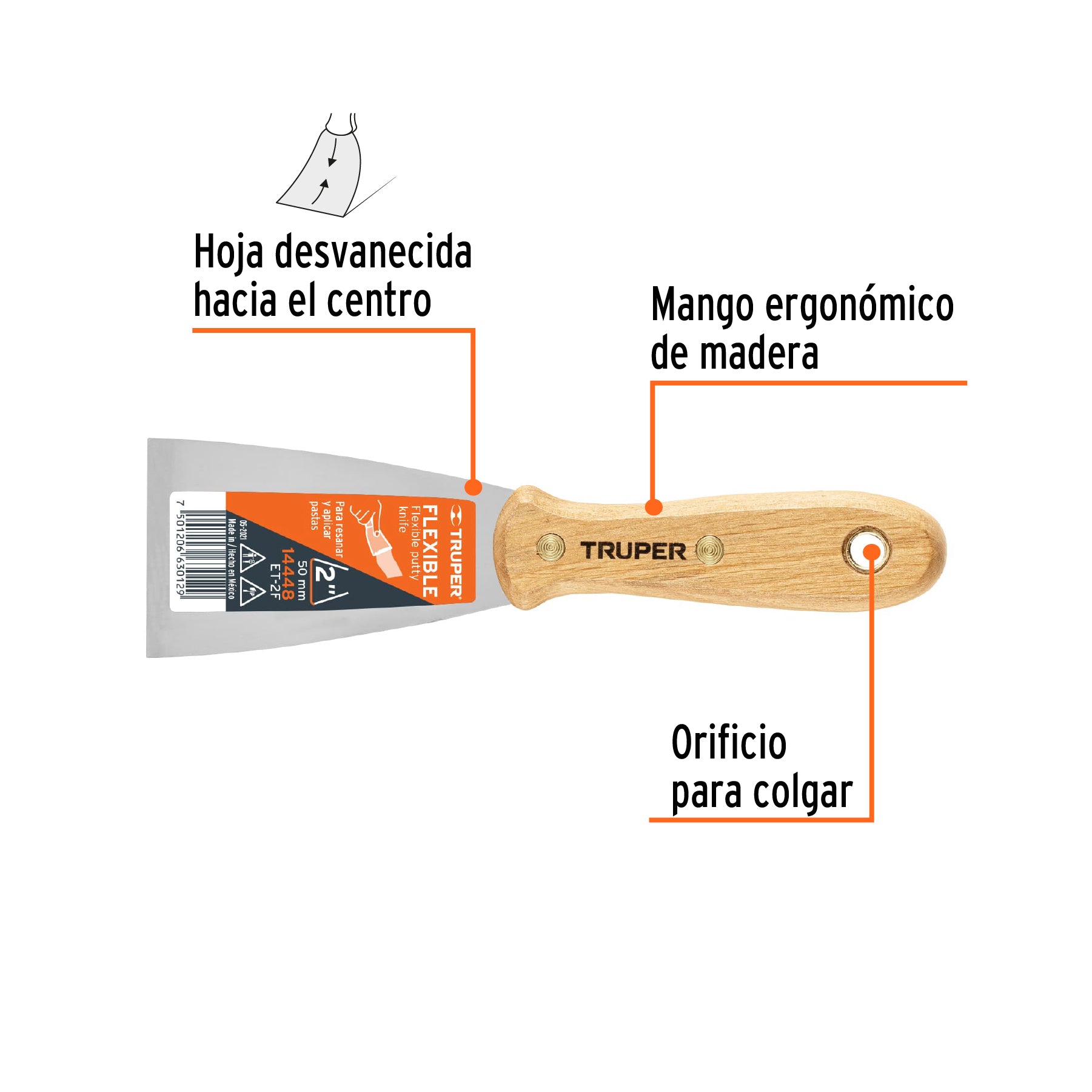 Espátula flexible, mango de madera, 2"