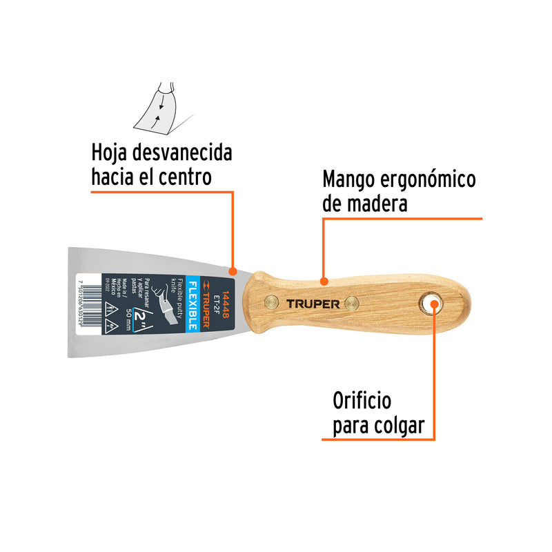 Espátula flexible, mango de madera, 2"