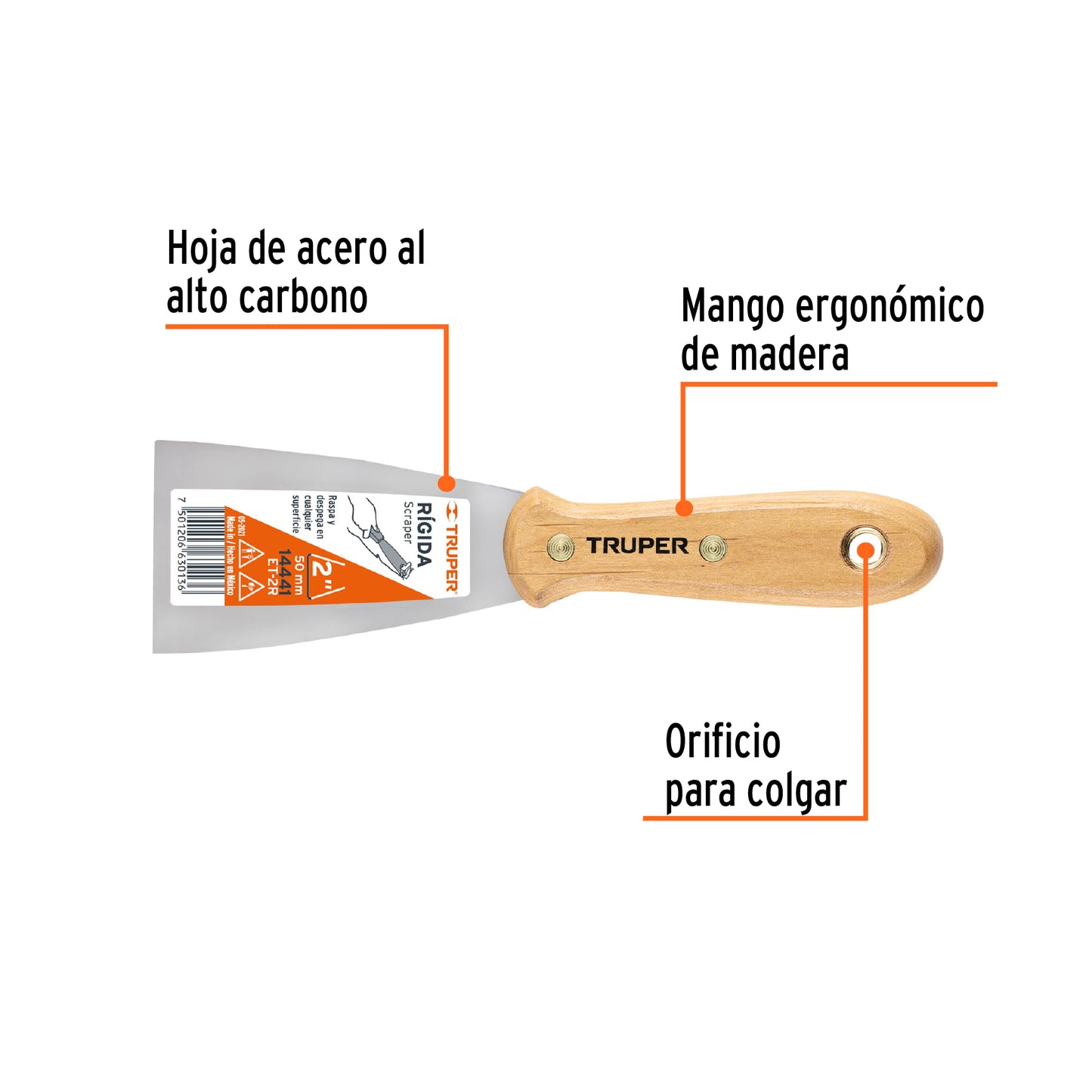 Espátula rígida, mango de madera, 2"
