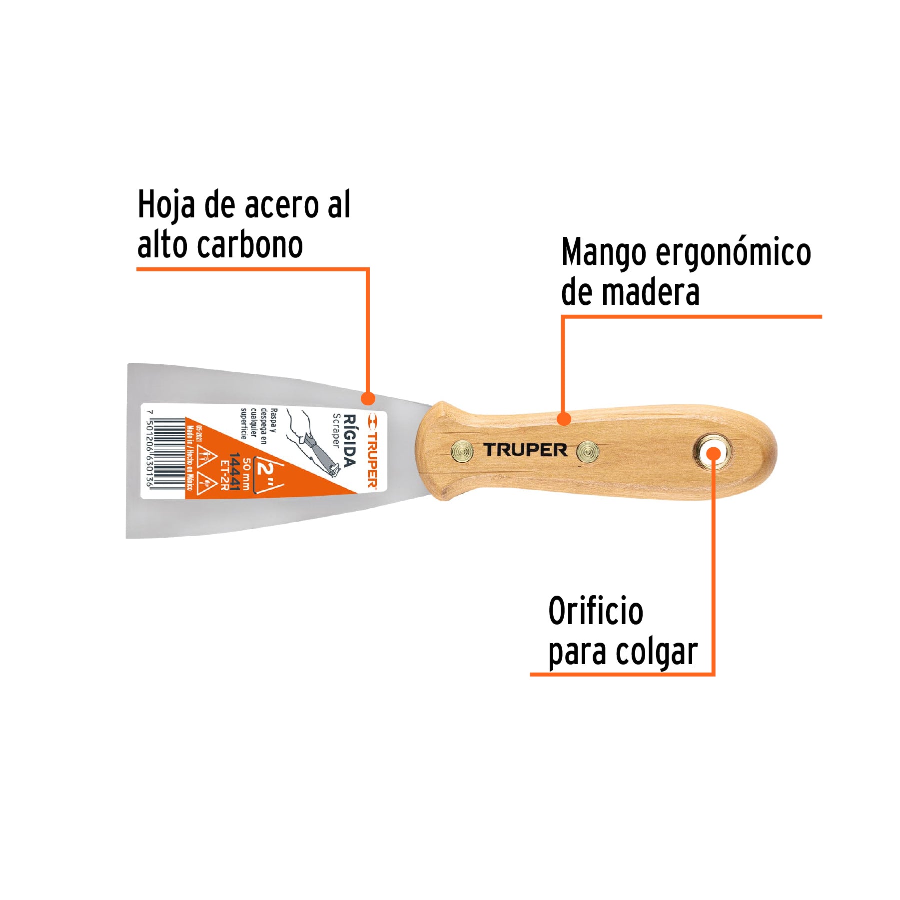Espátula rígida, mango de madera, 2"