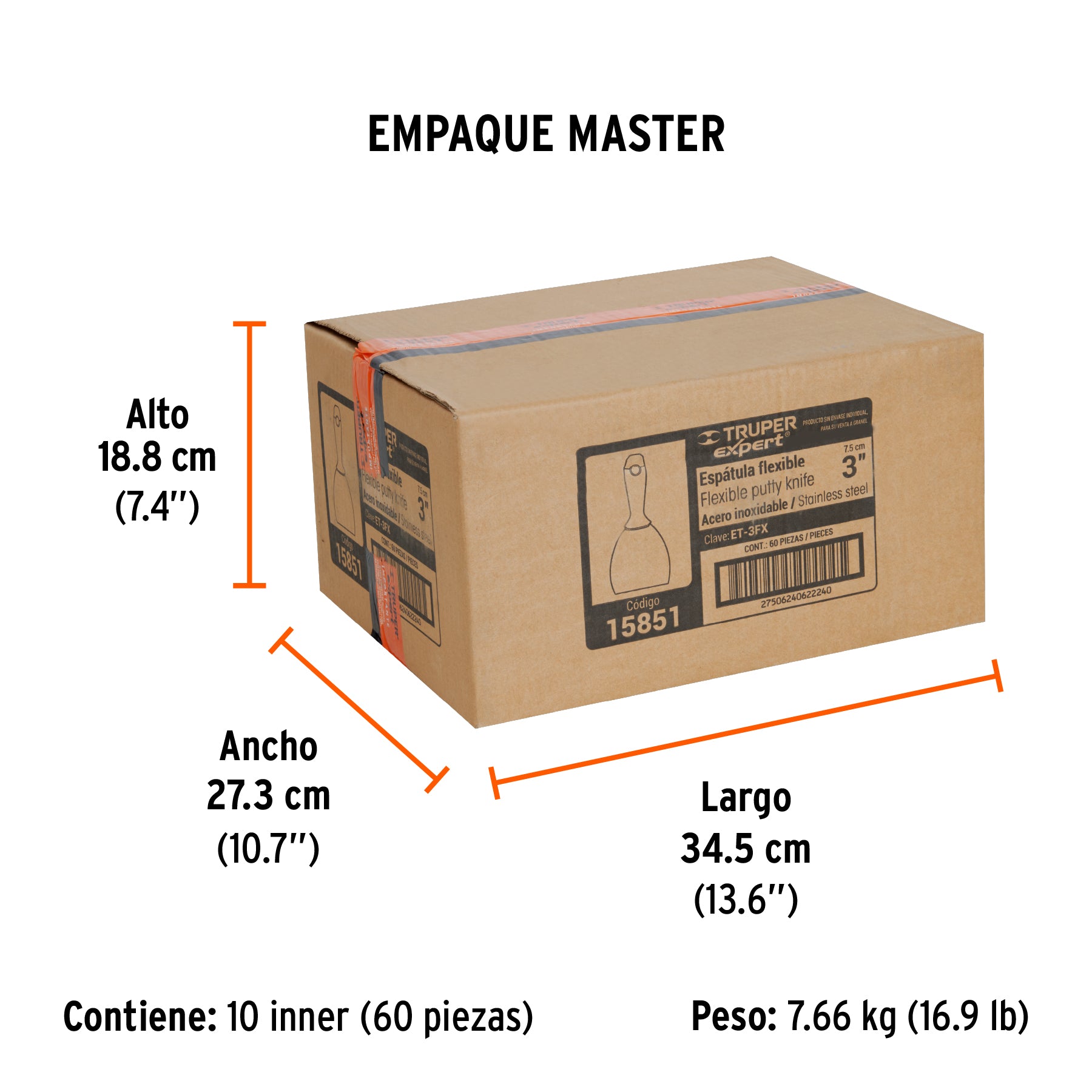 Espátula flexible 3", acero inoxidable, mango comfort grip