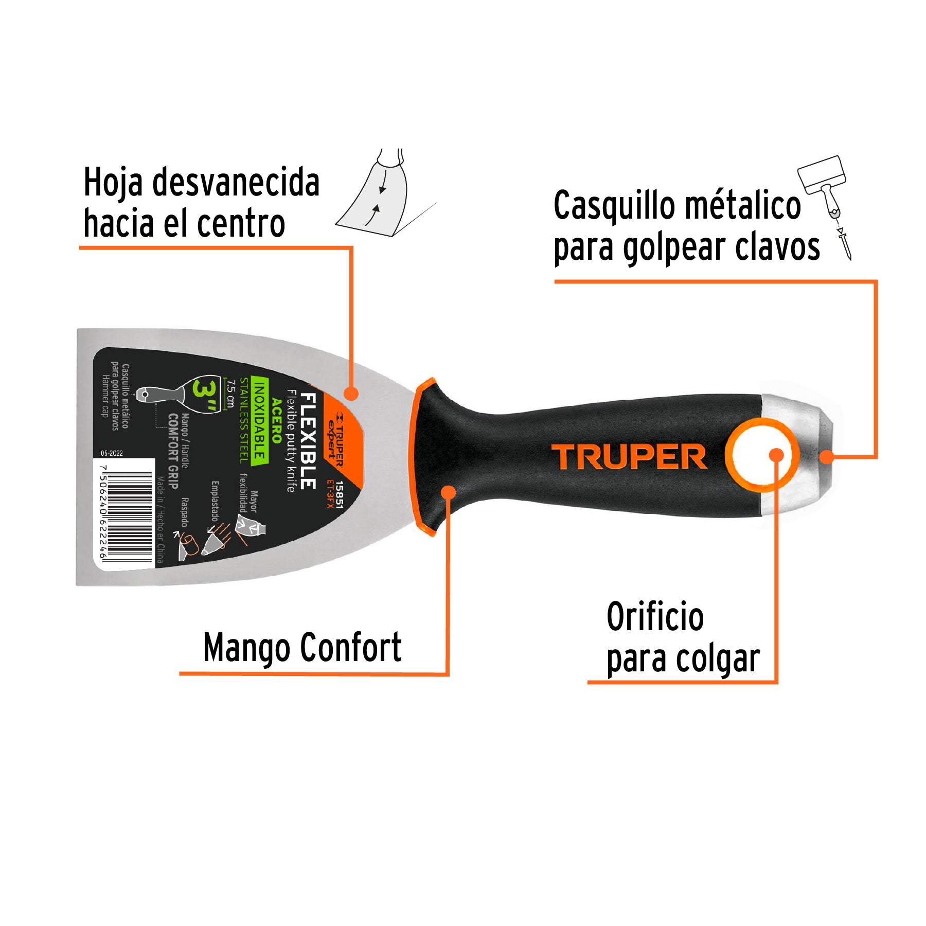 Espátula flexible 3", acero inoxidable, mango comfort grip