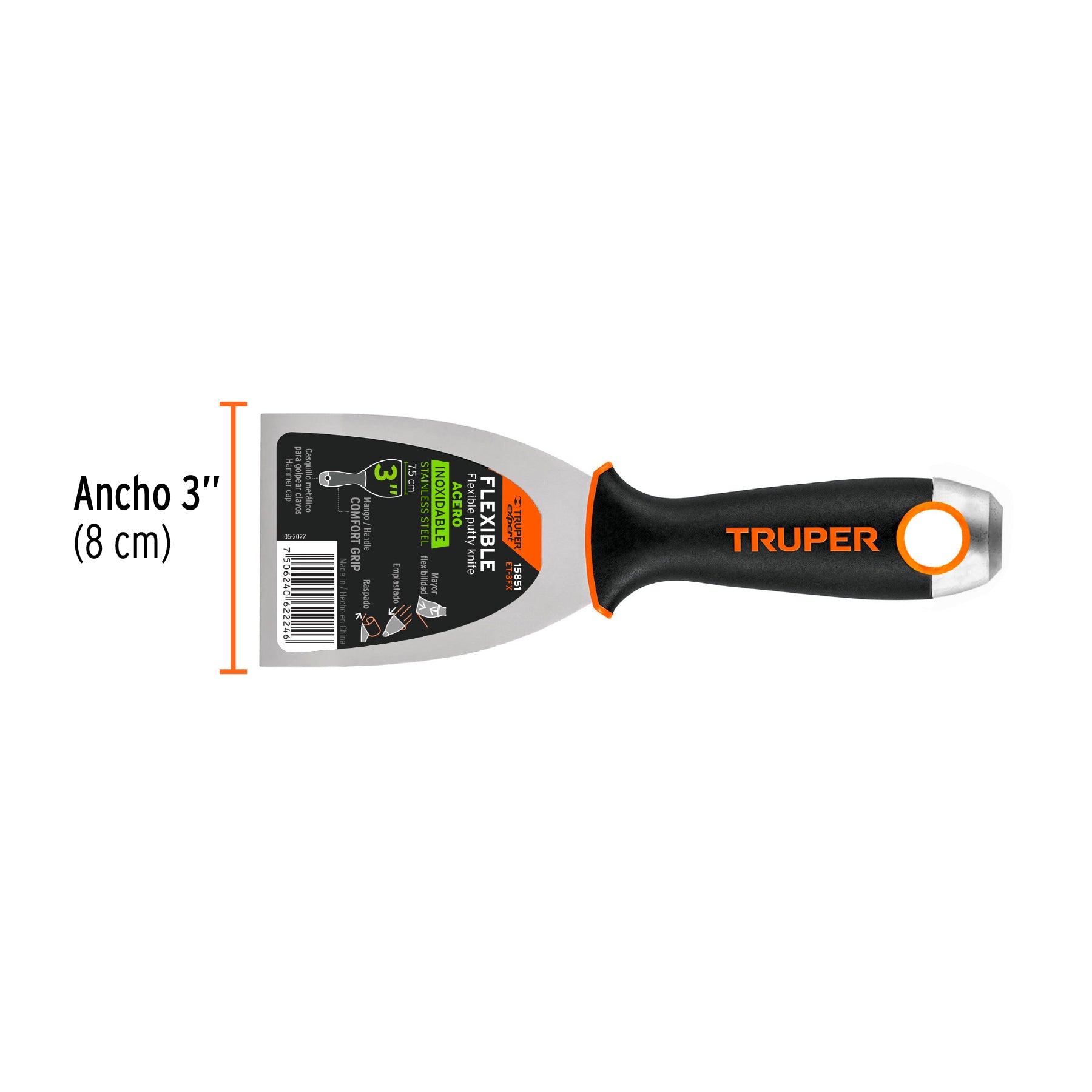 Espátula flexible 3", acero inoxidable, mango comfort grip