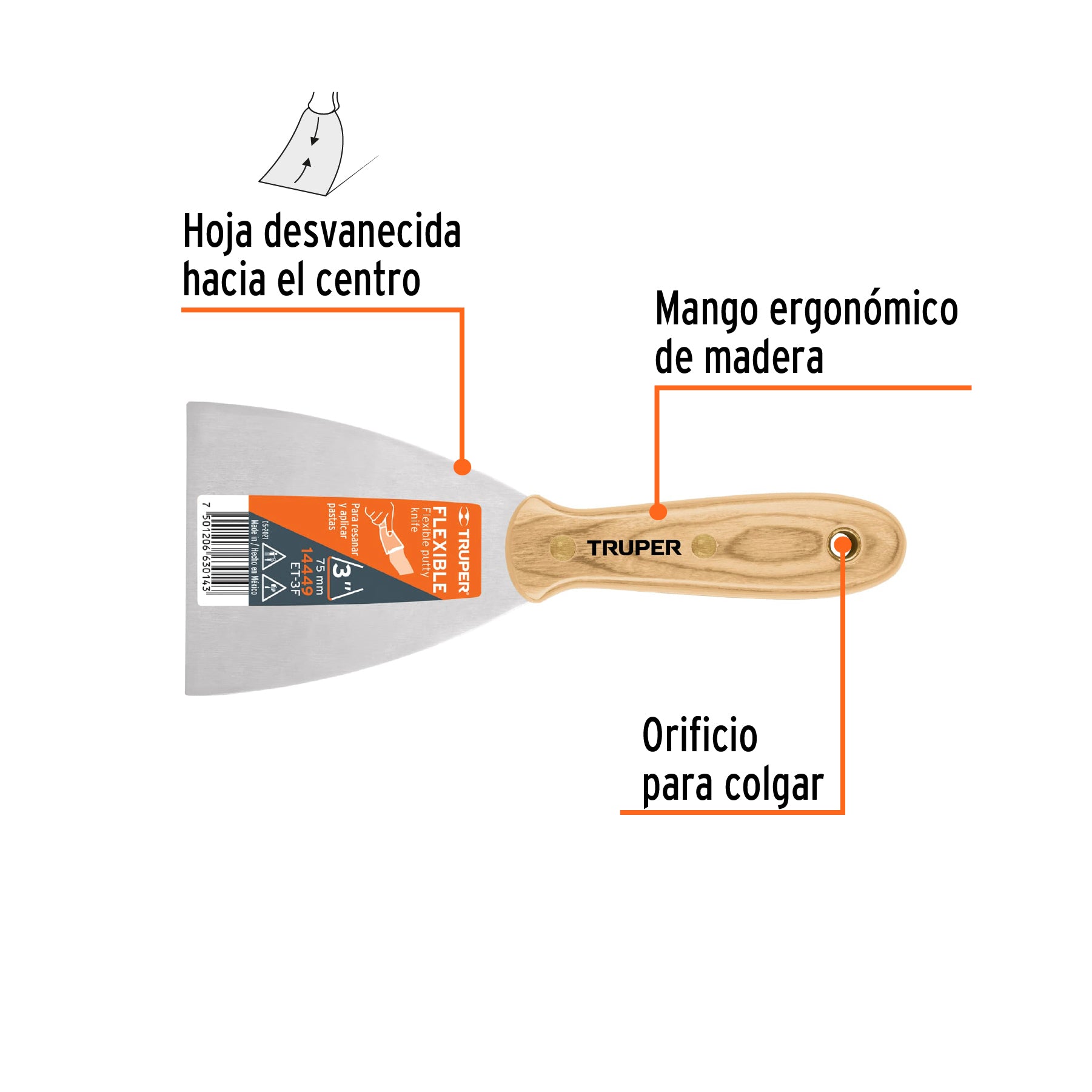 Espátula flexible, mango de madera, 3"