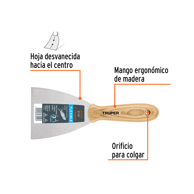 Espátula flexible, mango de madera, 3"