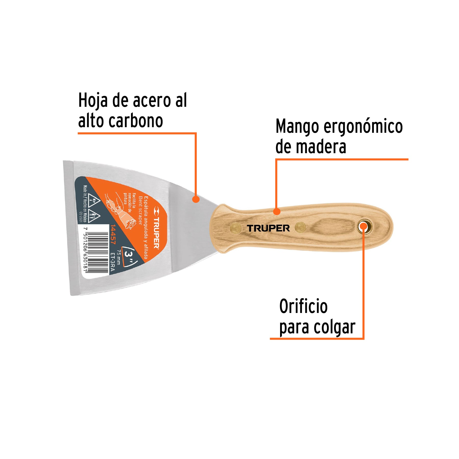 Espátula afilada y angulada, mango de madera, 3"