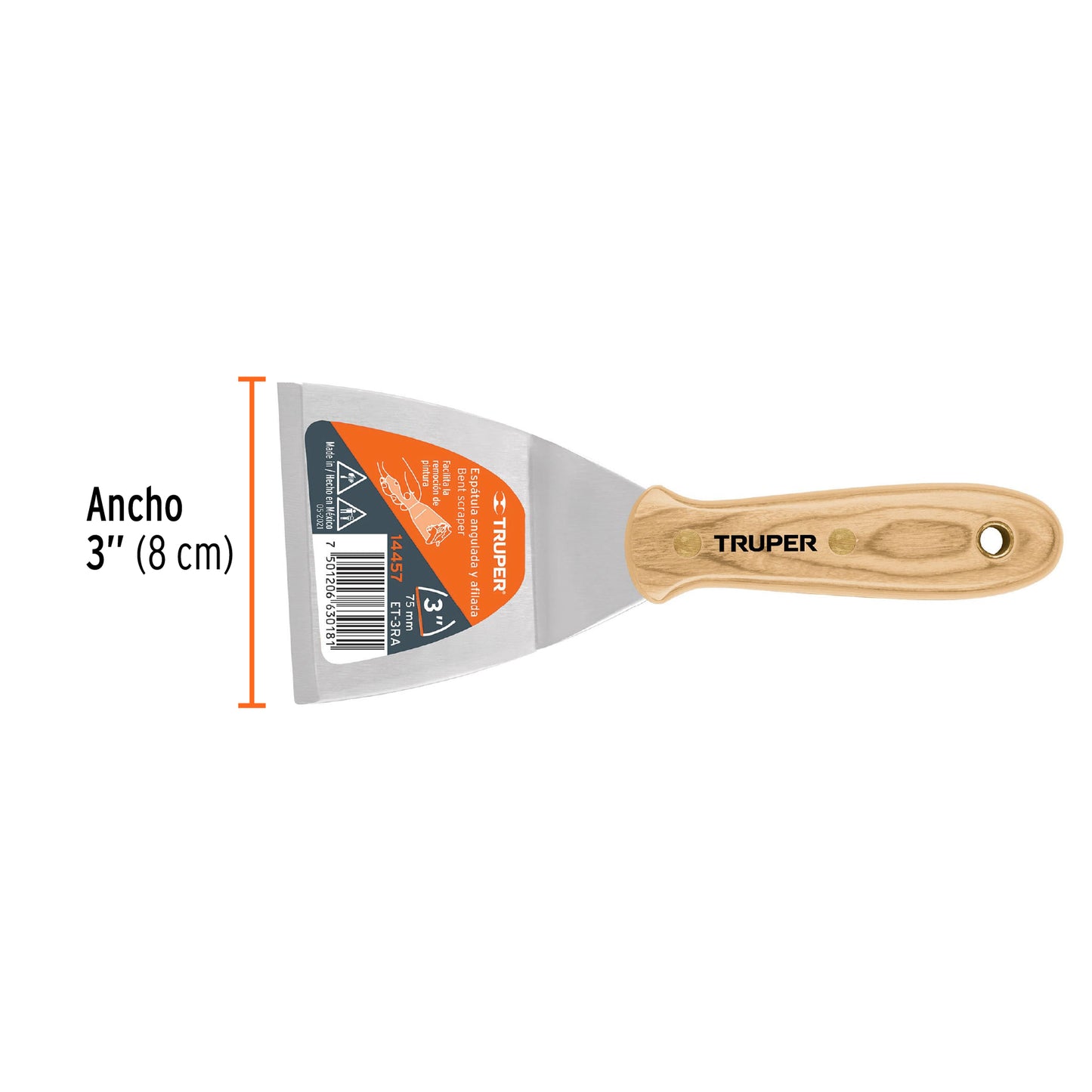 Espátula afilada y angulada, mango de madera, 3"