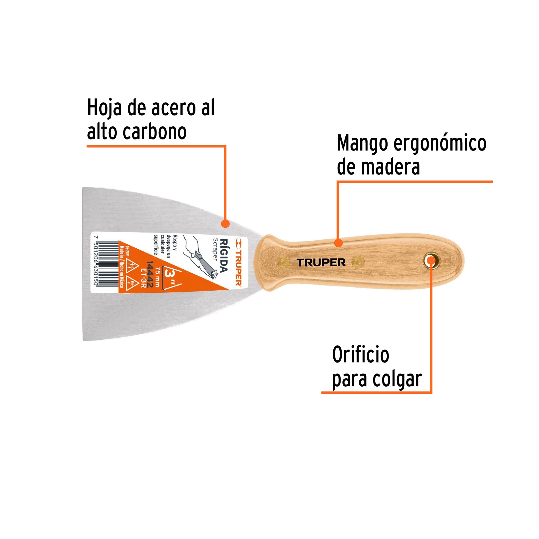 Espátula rígida, mango de madera, 3"