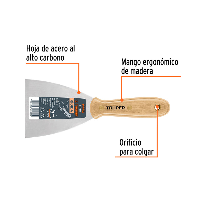 Espátula rígida, mango de madera, 3"
