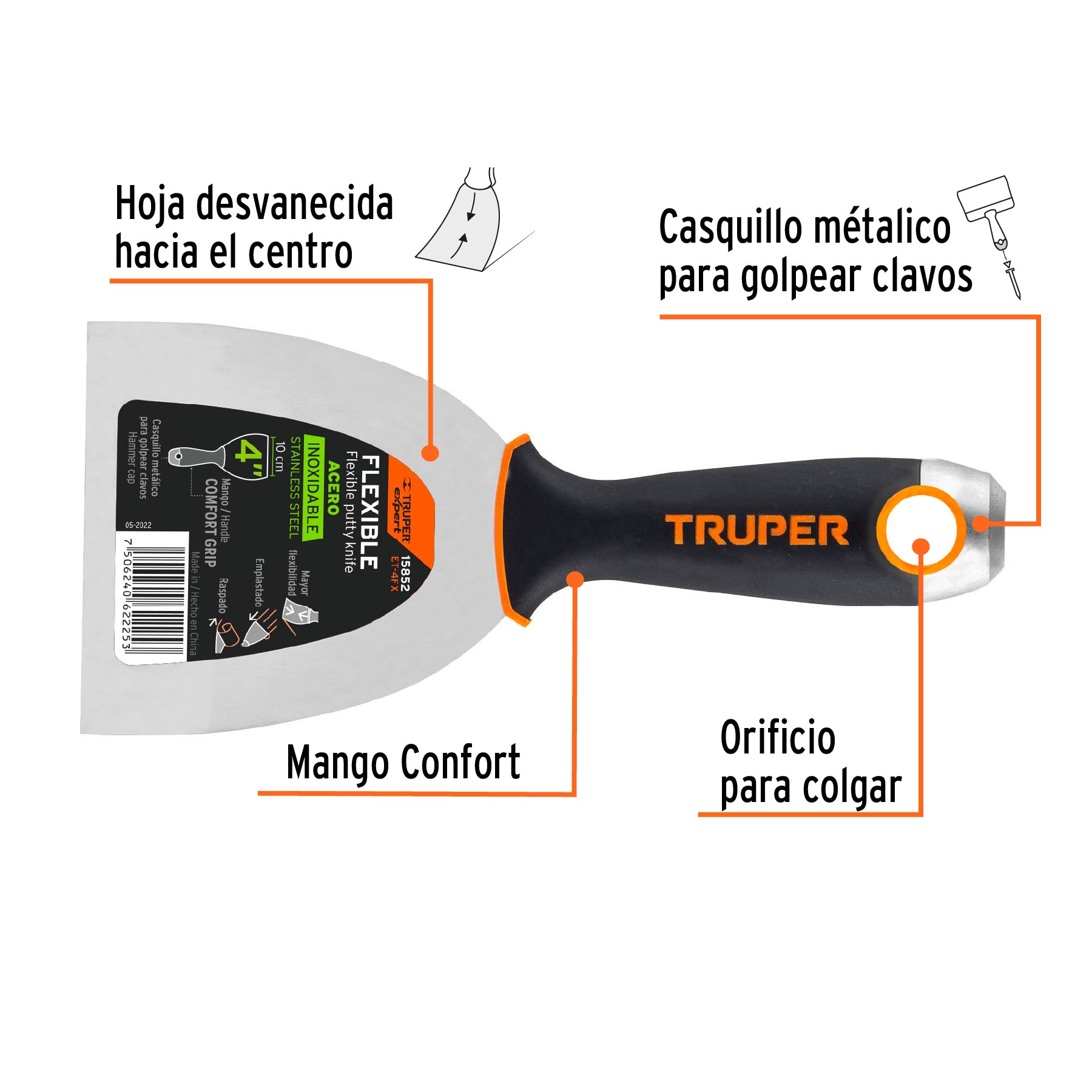 Espátula flexible 4", acero inoxidable, mango comfort grip