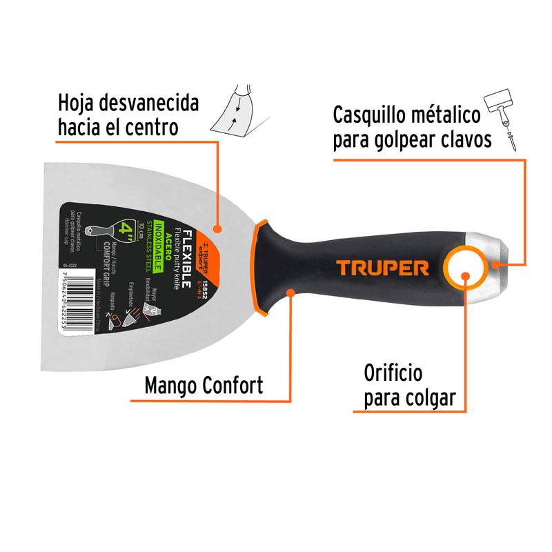 Espátula flexible 4", acero inoxidable, mango comfort grip