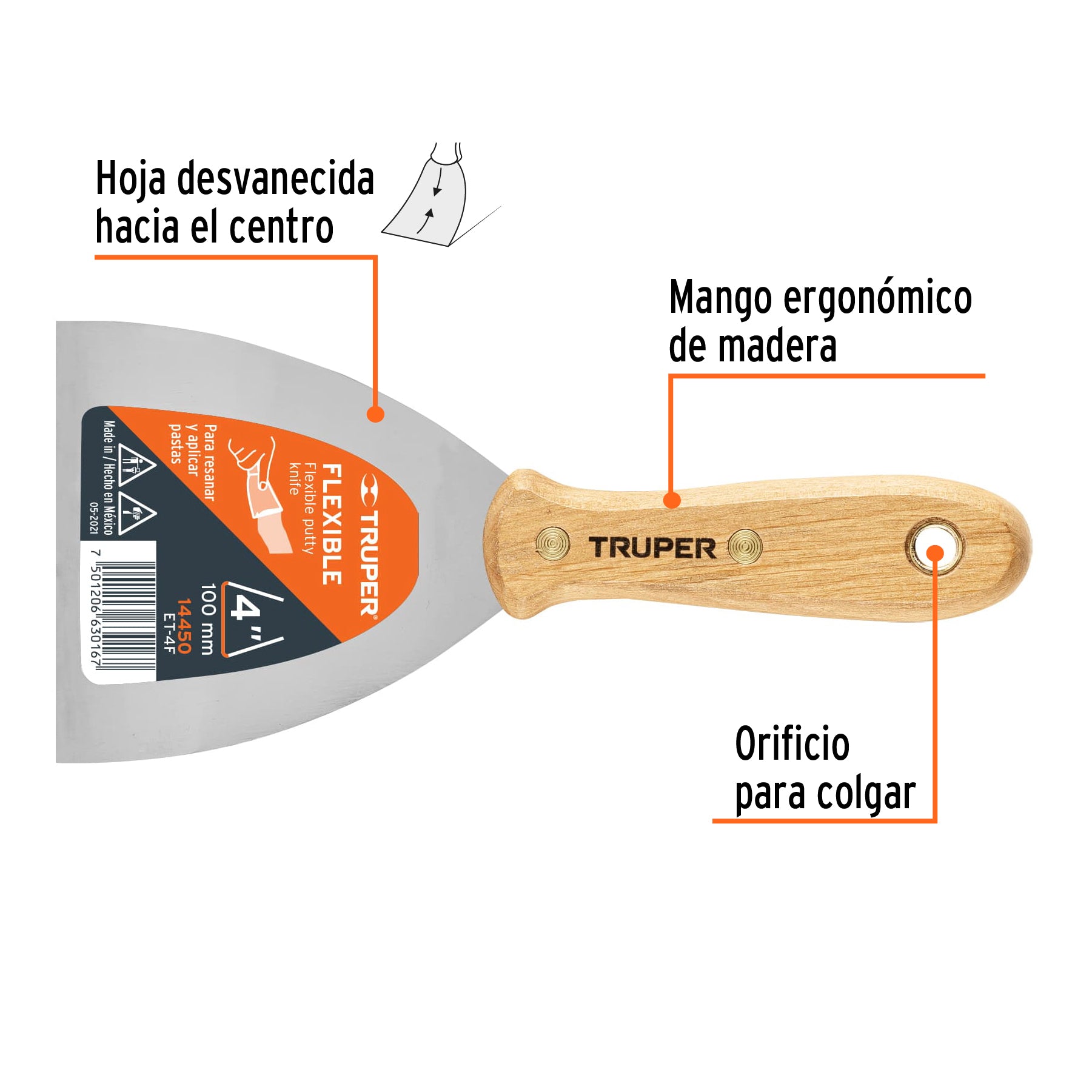 Espátula flexible, mango de madera, 4"