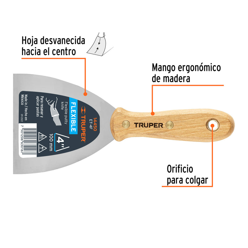 Espátula flexible, mango de madera, 4"