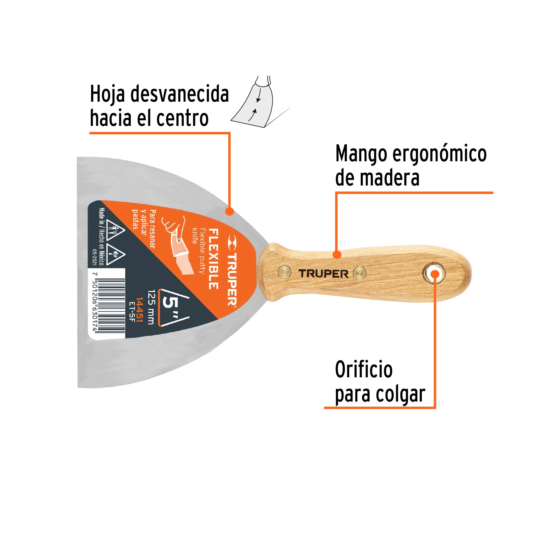 Espátula flexible, mango de madera, 5"