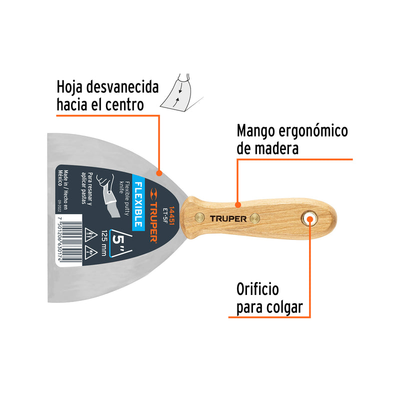Espátula flexible, mango de madera, 5"