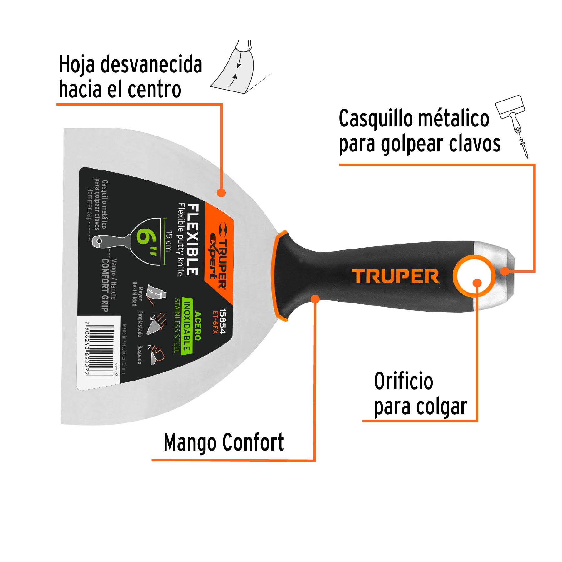 Espátula flexible 6", acero inoxidable, mango comfort grip