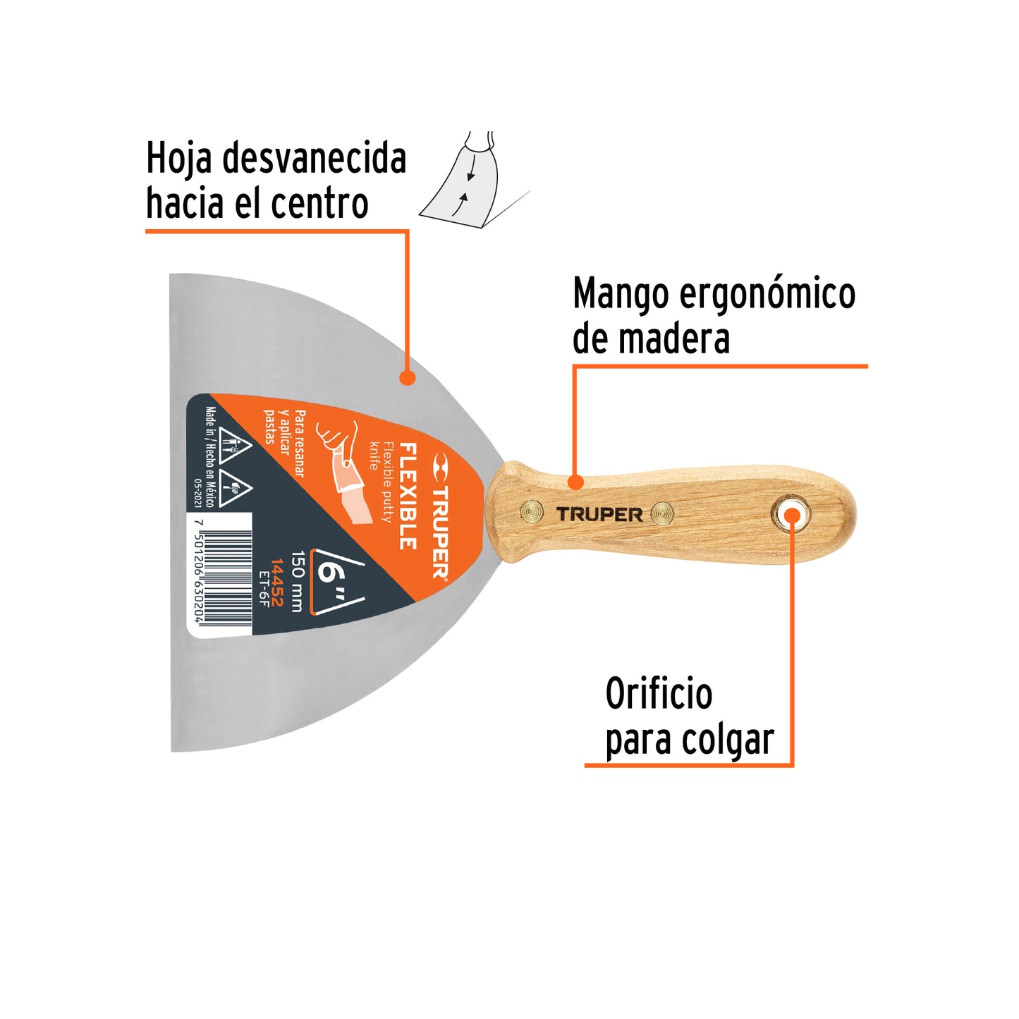 Espátula flexible, mango de madera, 6"
