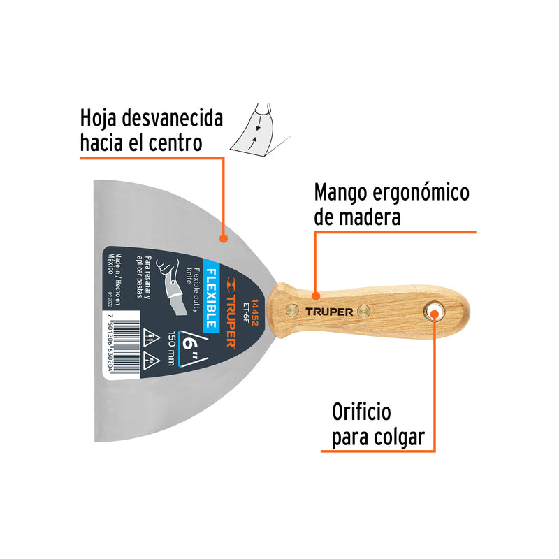 Espátula flexible, mango de madera, 6"