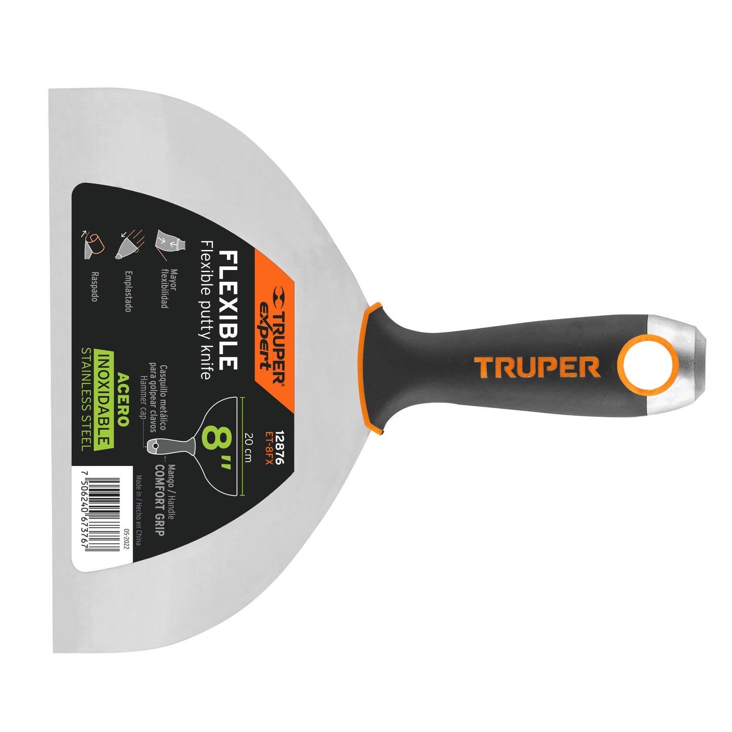 Espátula flexible 8", acero inoxidable, mango comfort grip