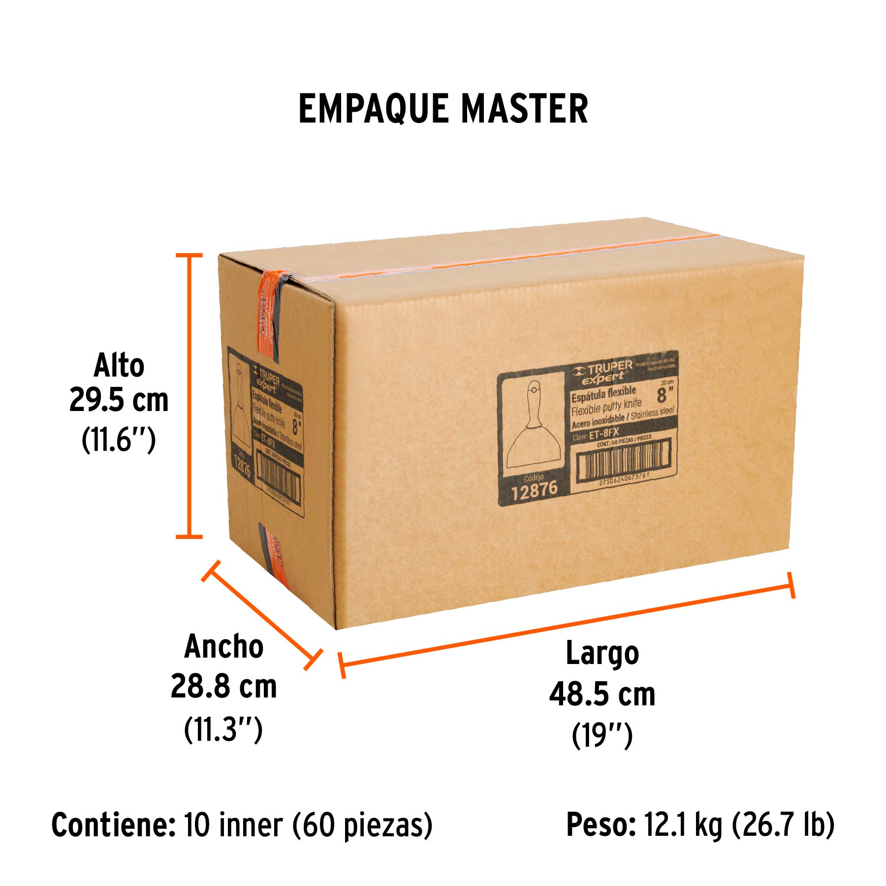 Espátula flexible 8", acero inoxidable, mango comfort grip