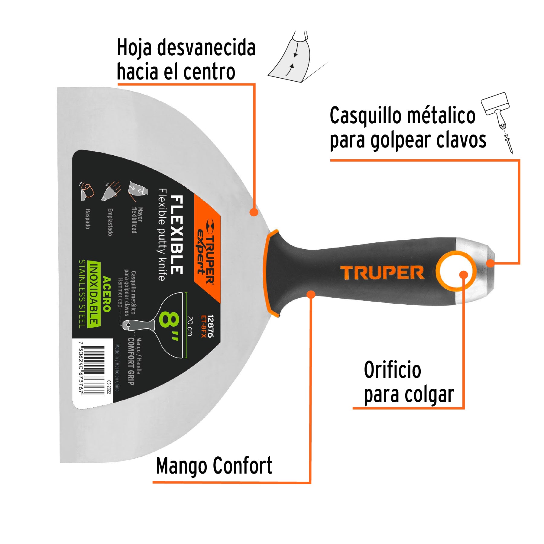 Espátula flexible 8", acero inoxidable, mango comfort grip