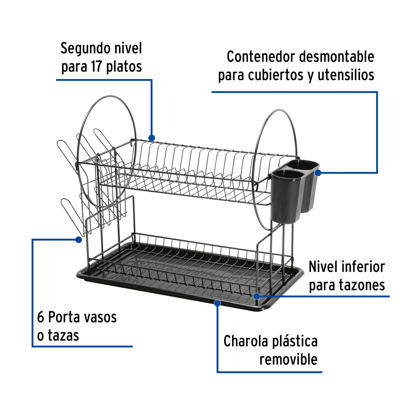 Escurridor negro de acero con 2 niveles para trastes