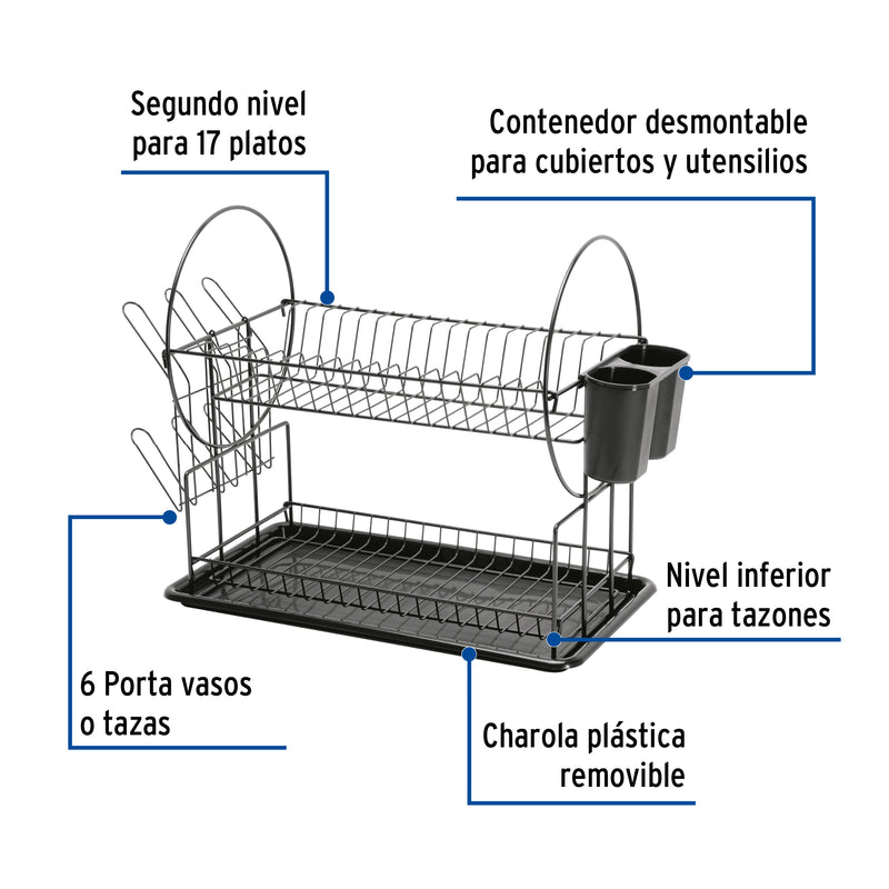 Escurridor negro de acero con 2 niveles para trastes