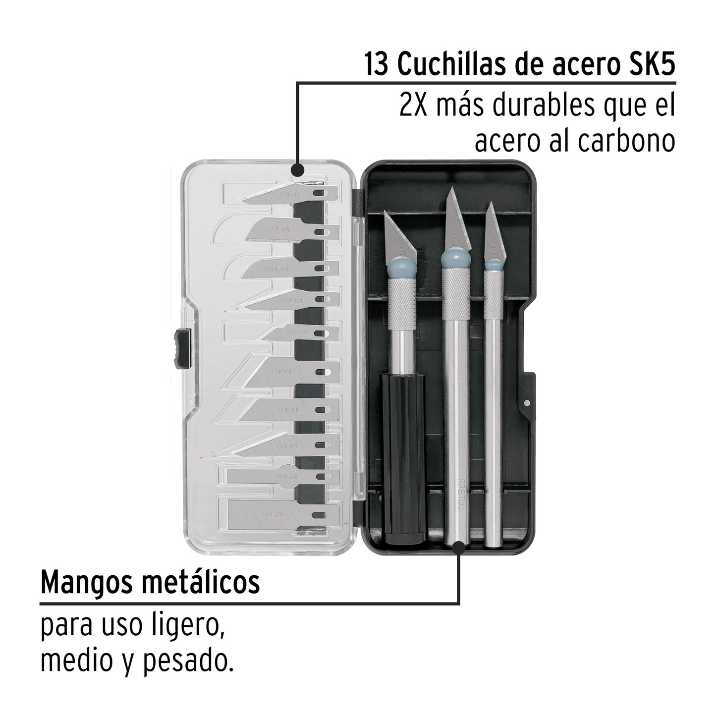 Juego de exactos con 13 cuchillas en estuche, PRETUL