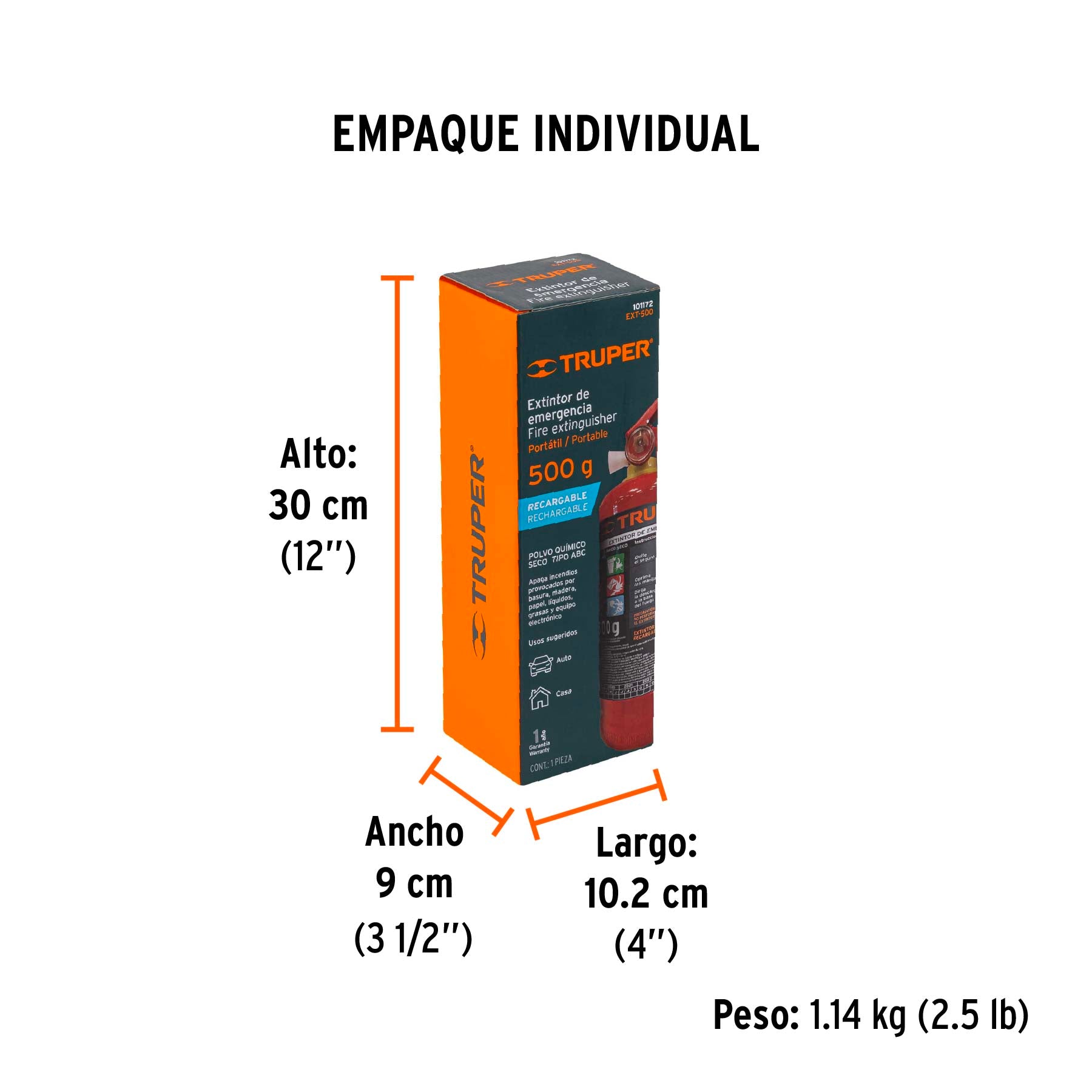 Extintor recargable portátil 0.5 kg, polvo tipo ABC