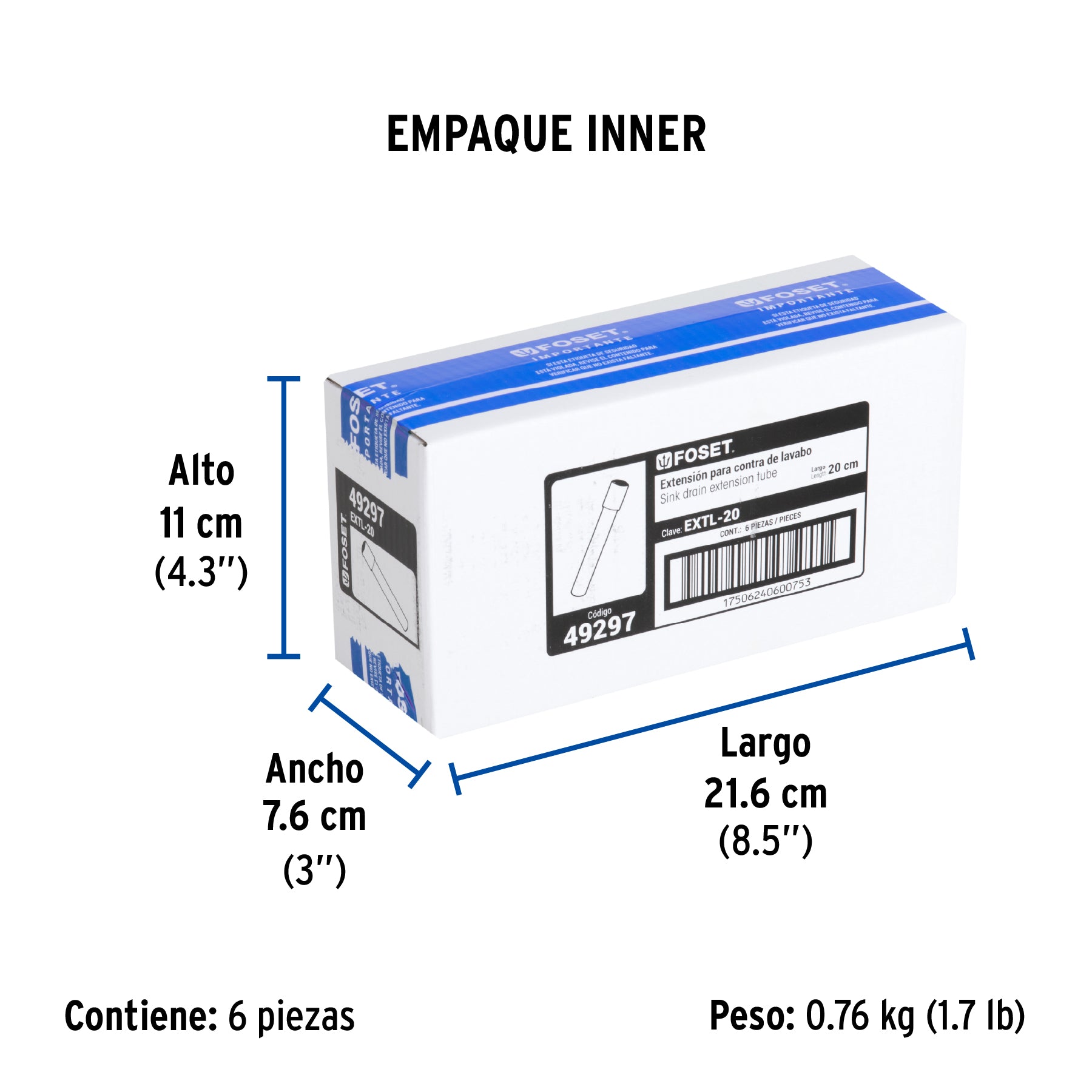 Extensión para contra de lavabo, 20 cm, cromo, 1-1/4"
