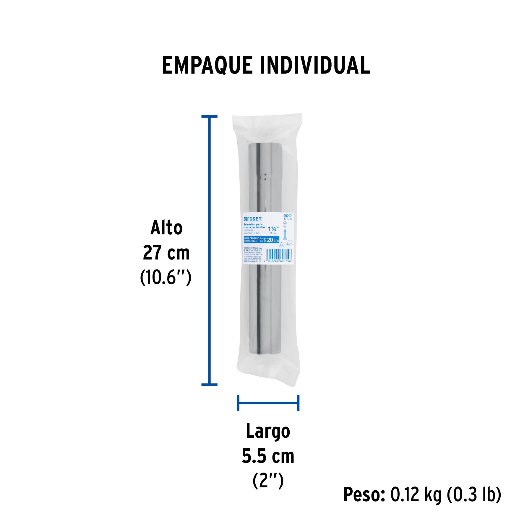 Extensión para contra de lavabo, 20 cm, cromo, 1-1/4"