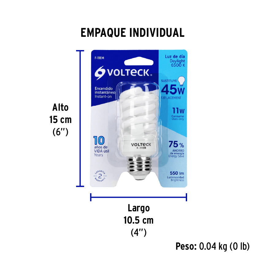 Lámpara 11 W, espiral mini, luz día, T2, en blister, Volteck
