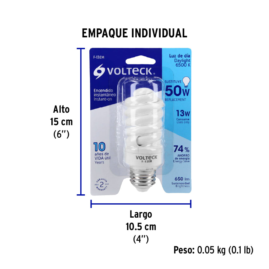 Lámpara 13 W, espiral mini, luz día, T2, en blister, Volteck
