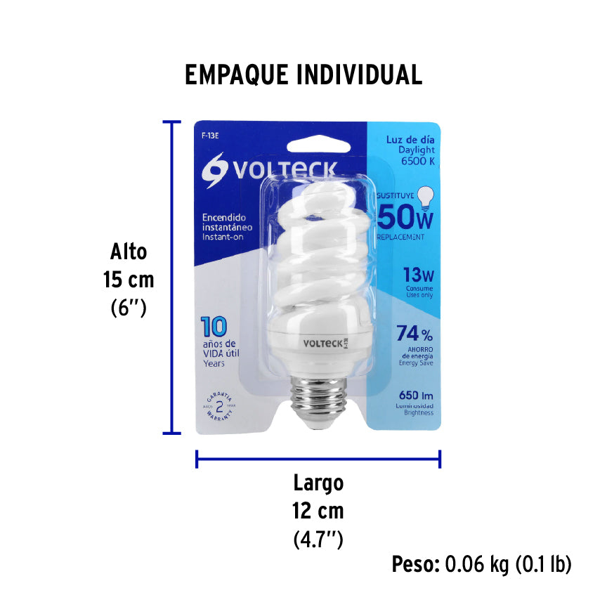 Lámpara 13 W, espiral, luz día, T3, en blister, Volteck