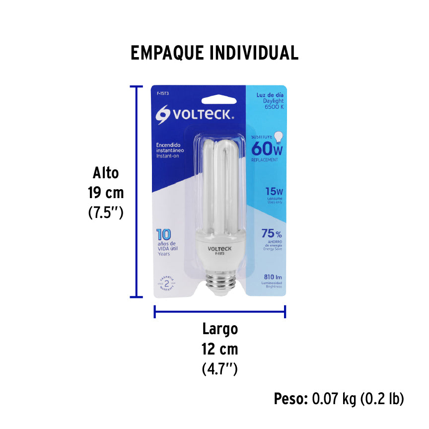 Lámpara 15 W, triple, luz día, T3, en blister, Volteck