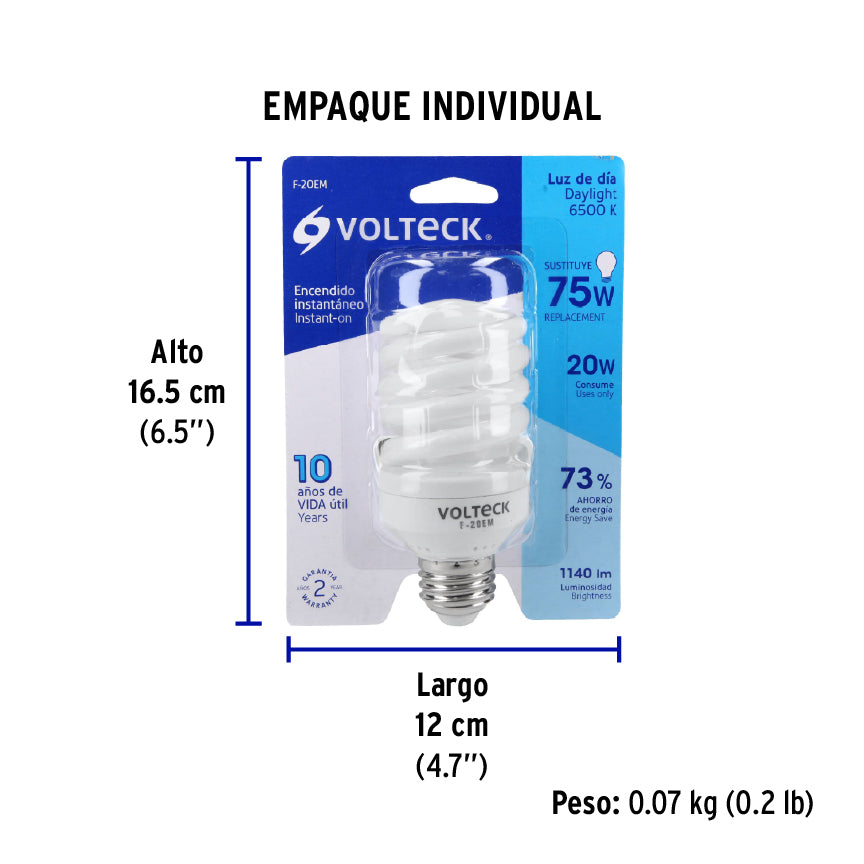 Lámpara 20 W, espiral mini, luz día, T2, en blister, Volteck