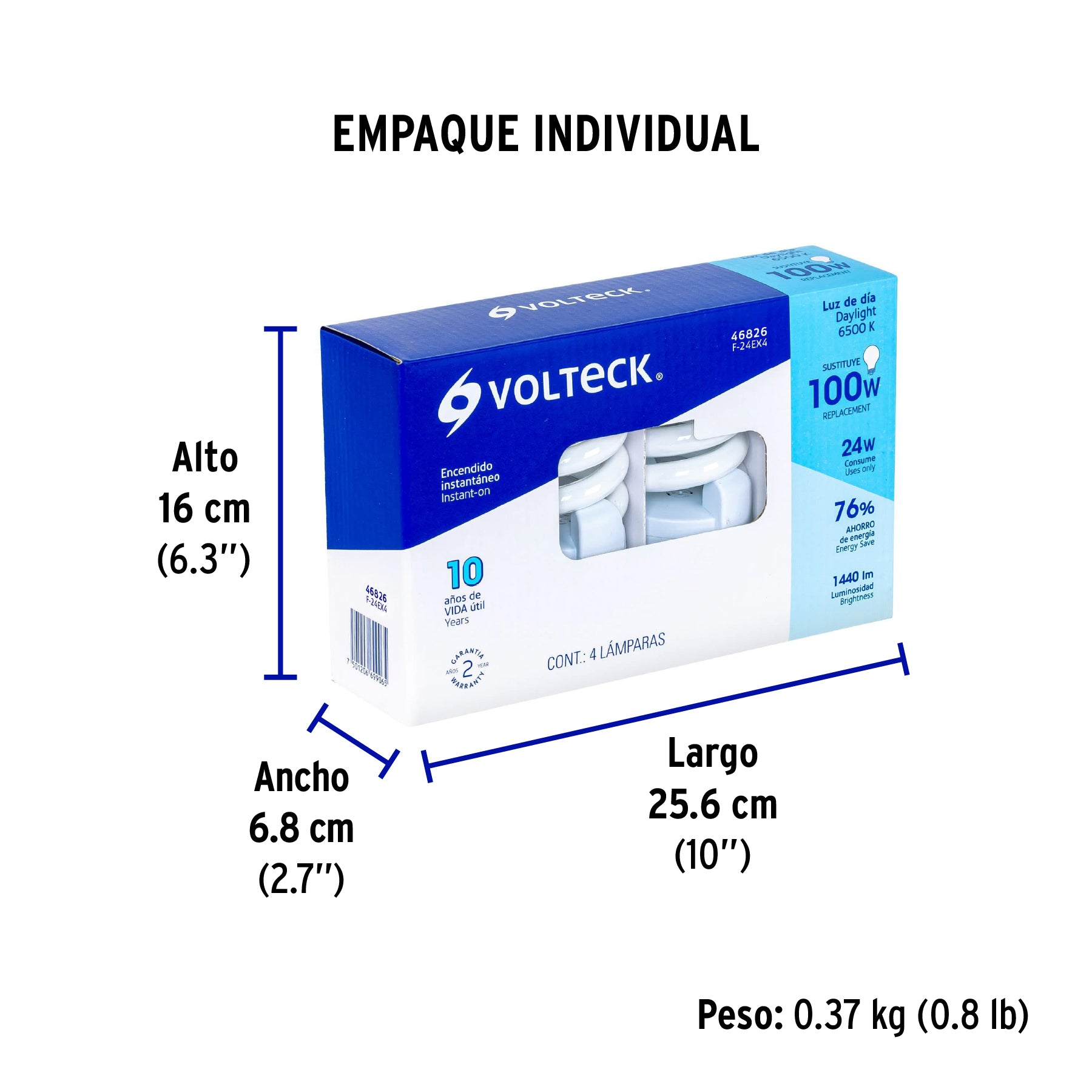 Lámpara 24 W, espiral, luz día, T4, en caja 4 piezas,Volteck
