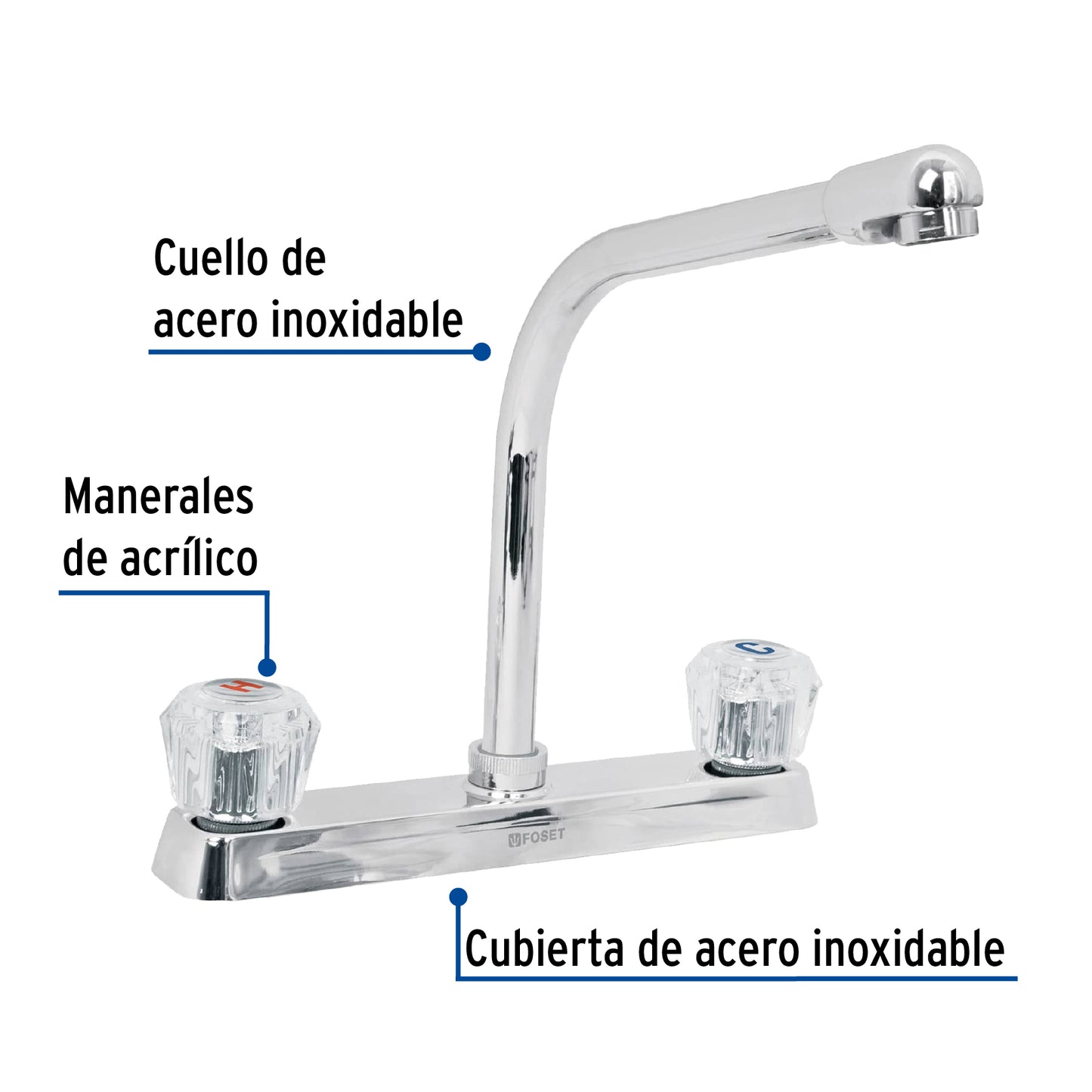 Mezcladora fregadero, cuello tipo cobra, manerales acrílico