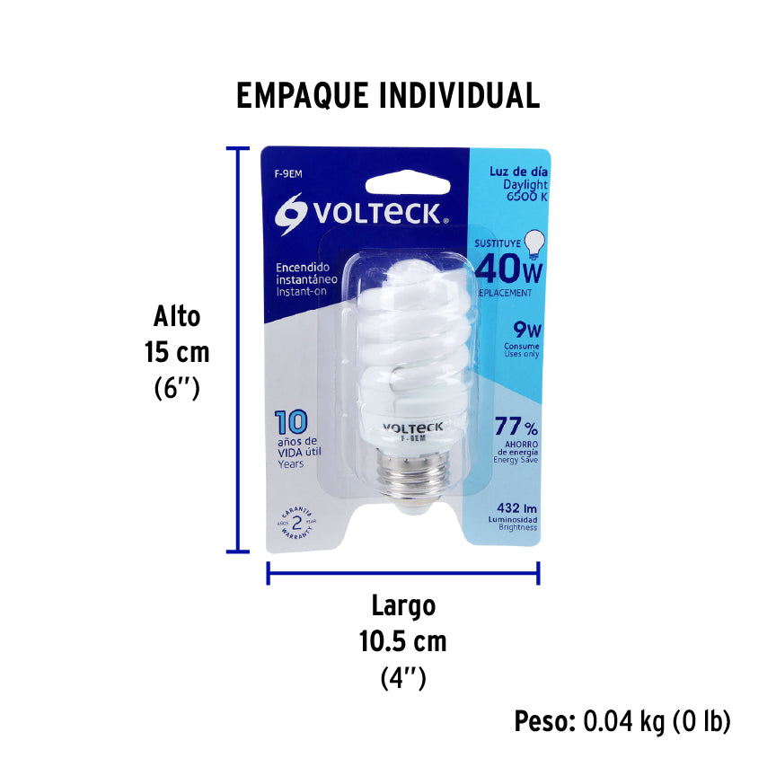 Lámpara 9 W, espiral mini, luz día, T2, en blister, Volteck