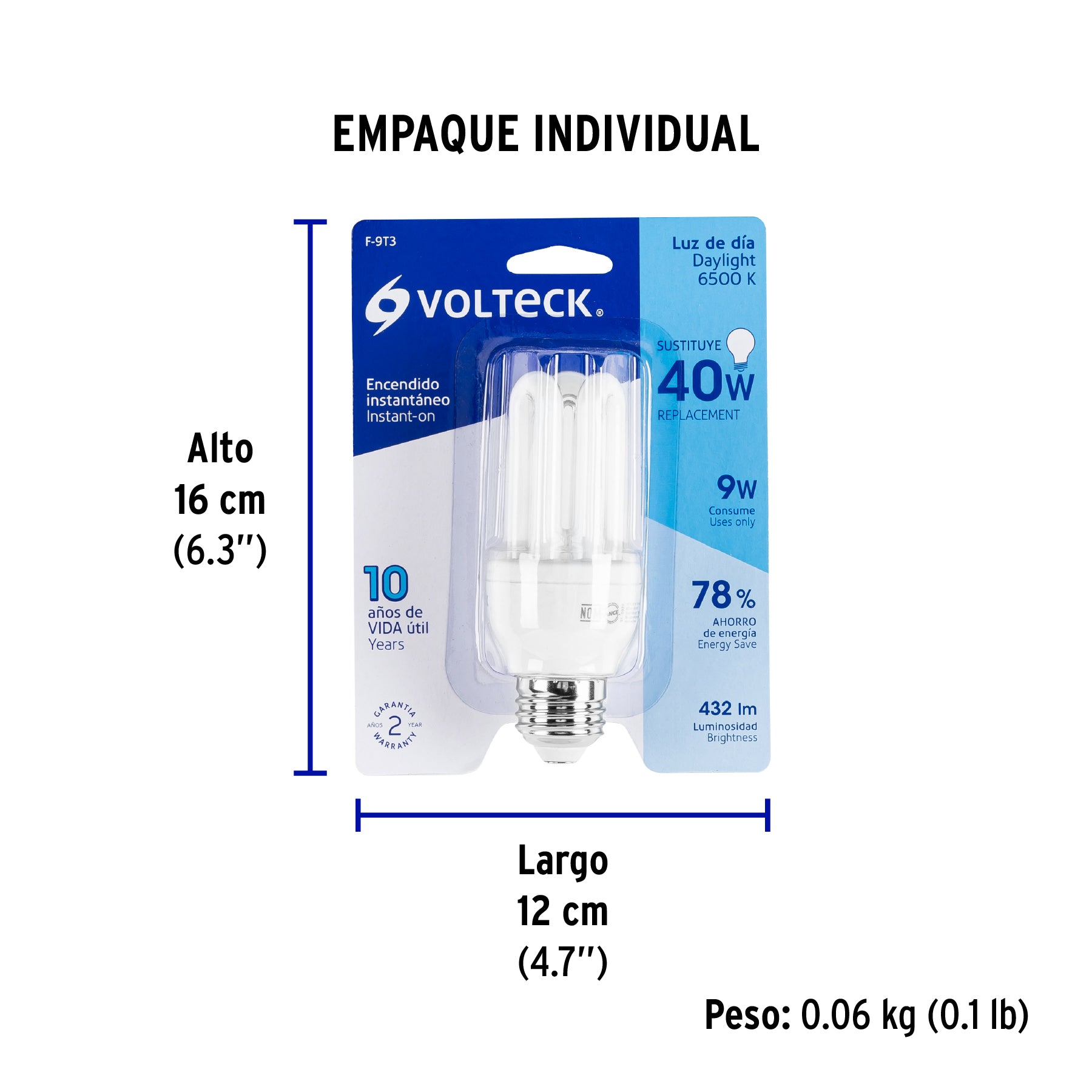 Lámpara 9 W, triple, luz día, T3, en blister, Volteck