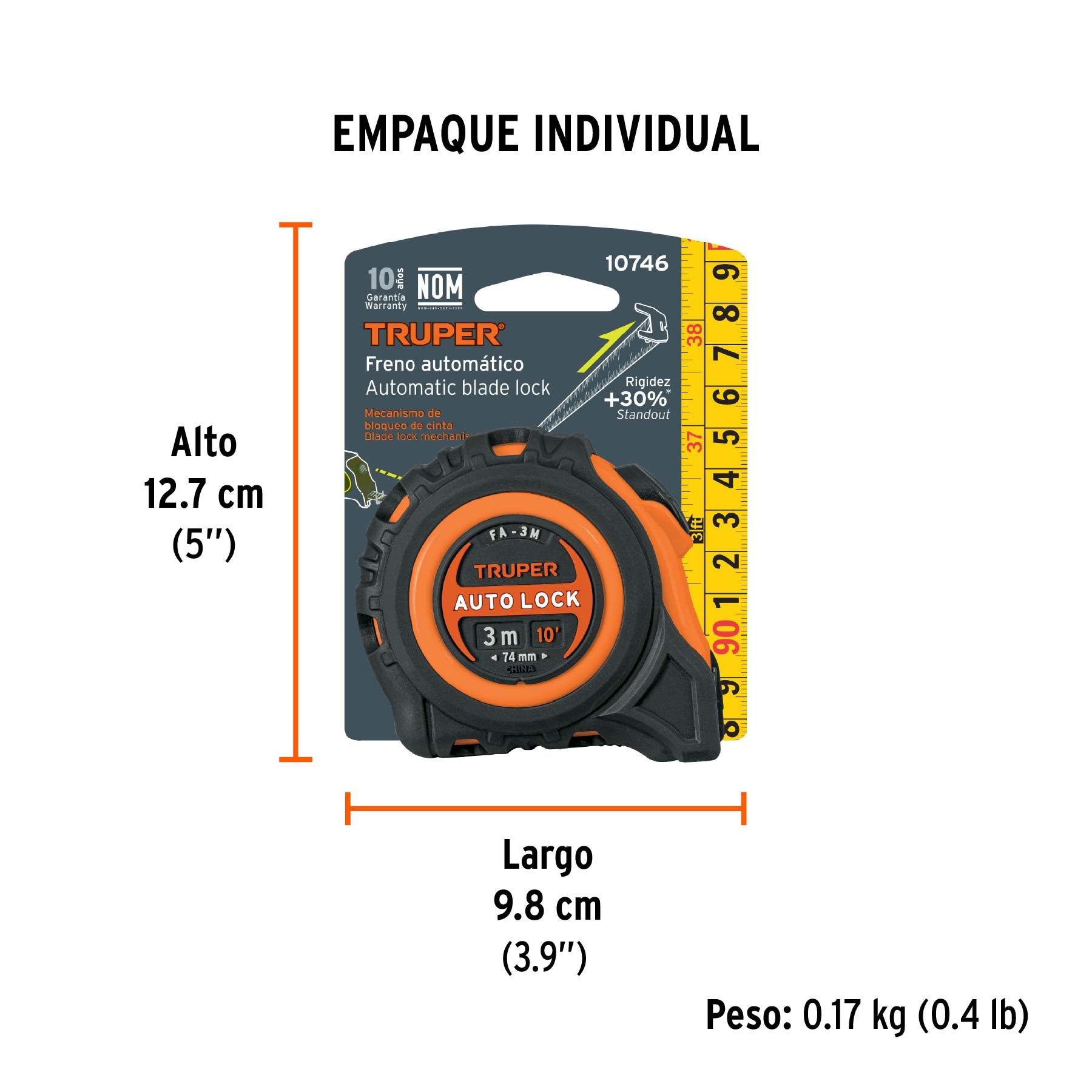 Flexómetro Auto Lock, 3 m, cinta 16 mm