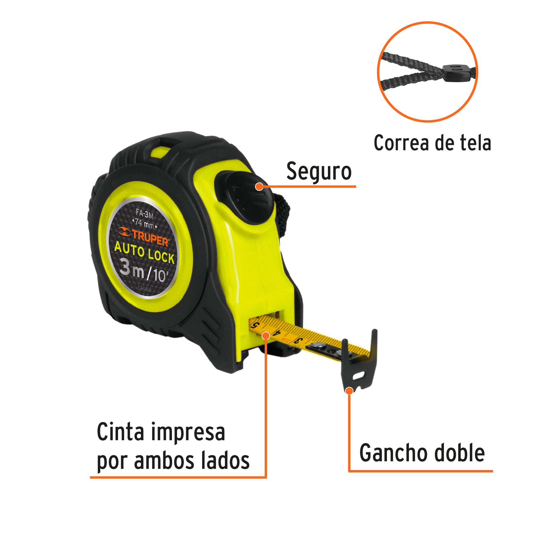 Flexómetro Auto Lock, 3 m, cinta 16 mm