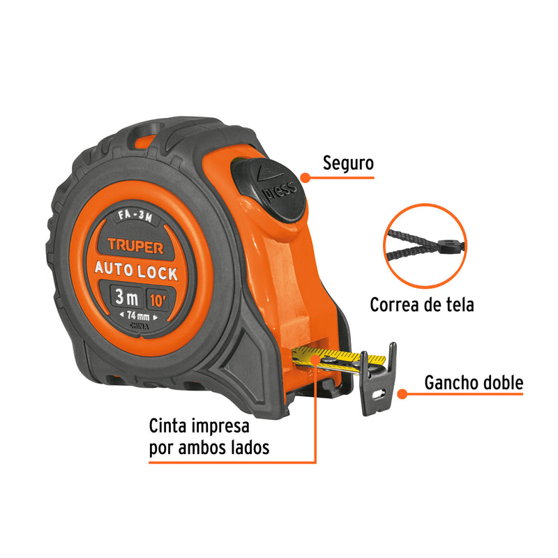 Flexómetro Auto Lock, 3 m, cinta 16 mm