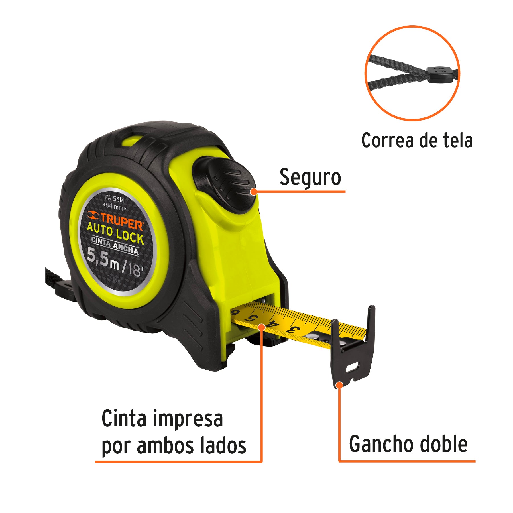 Flexómetro Auto Lock, 5.5 m, cinta 25 mm