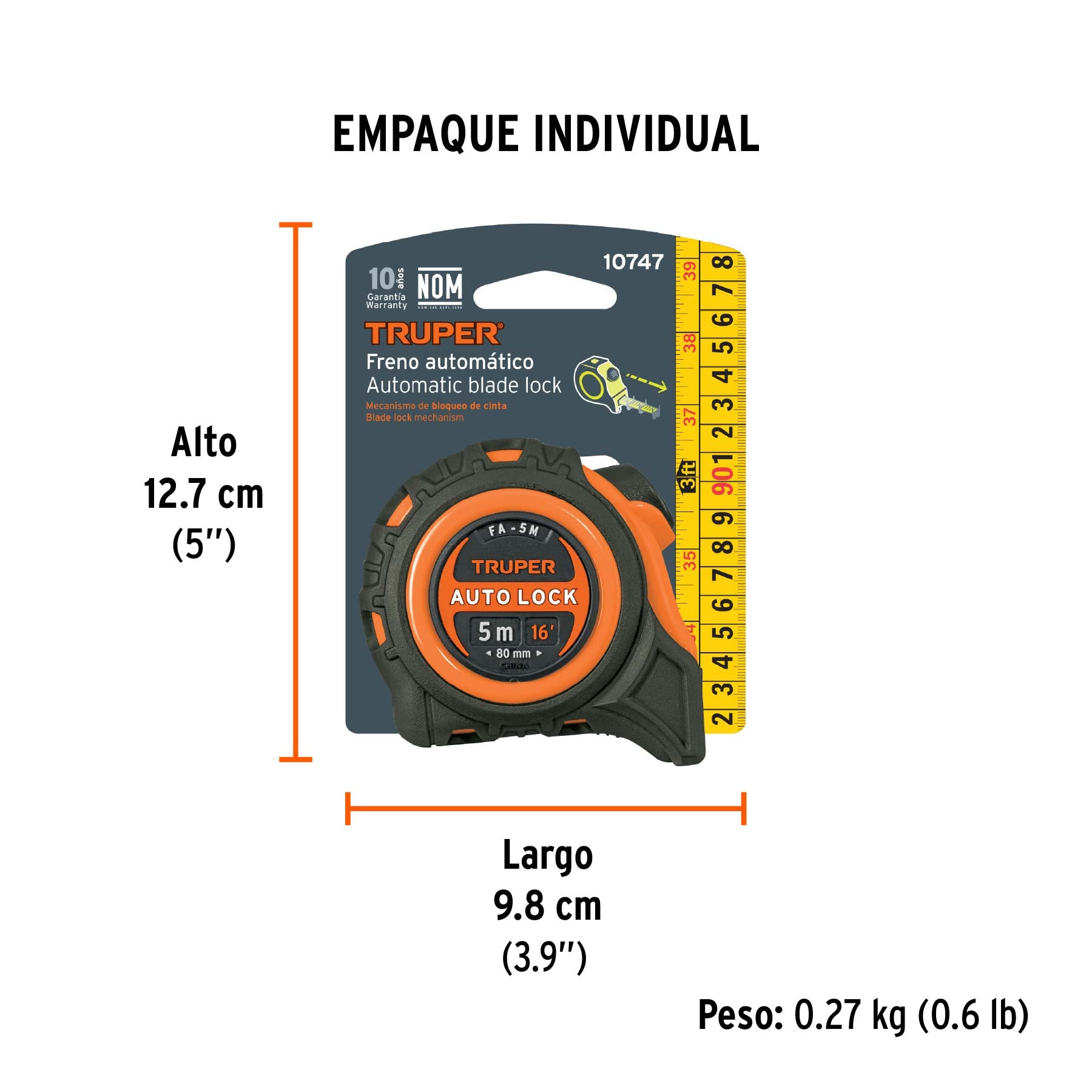 Flexómetro Auto Lock, 5 m, cinta 19 mm