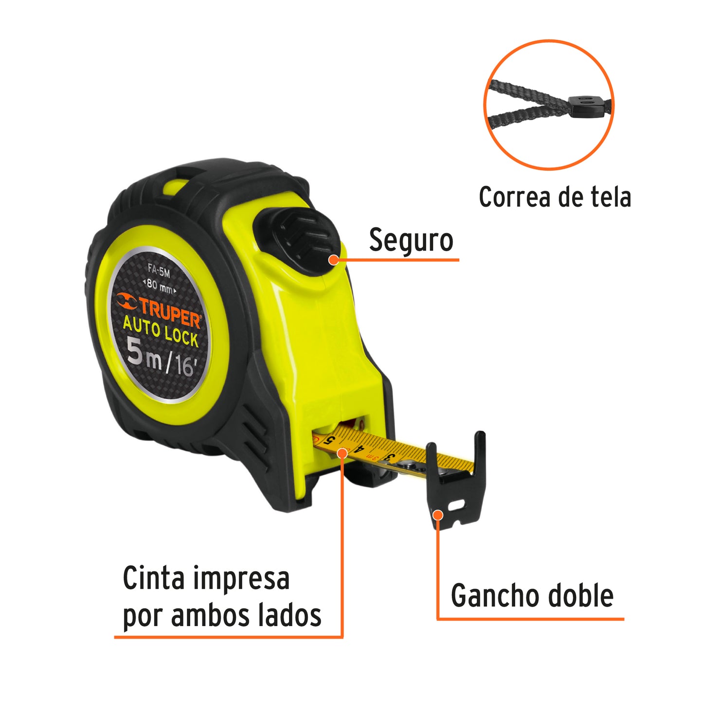 Flexómetro Auto Lock, 5 m, cinta 19 mm