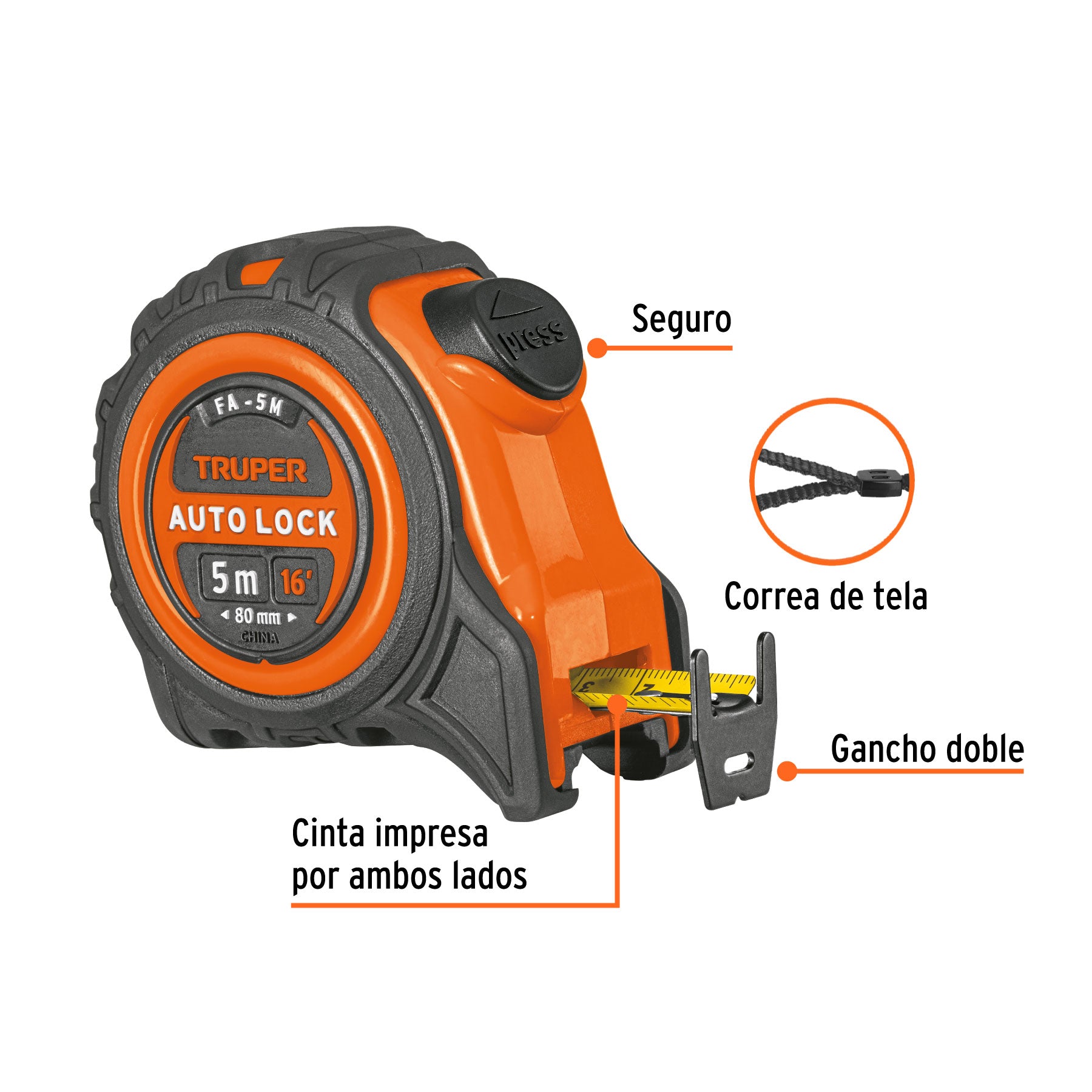 Flexómetro Auto Lock, 5 m, cinta 19 mm