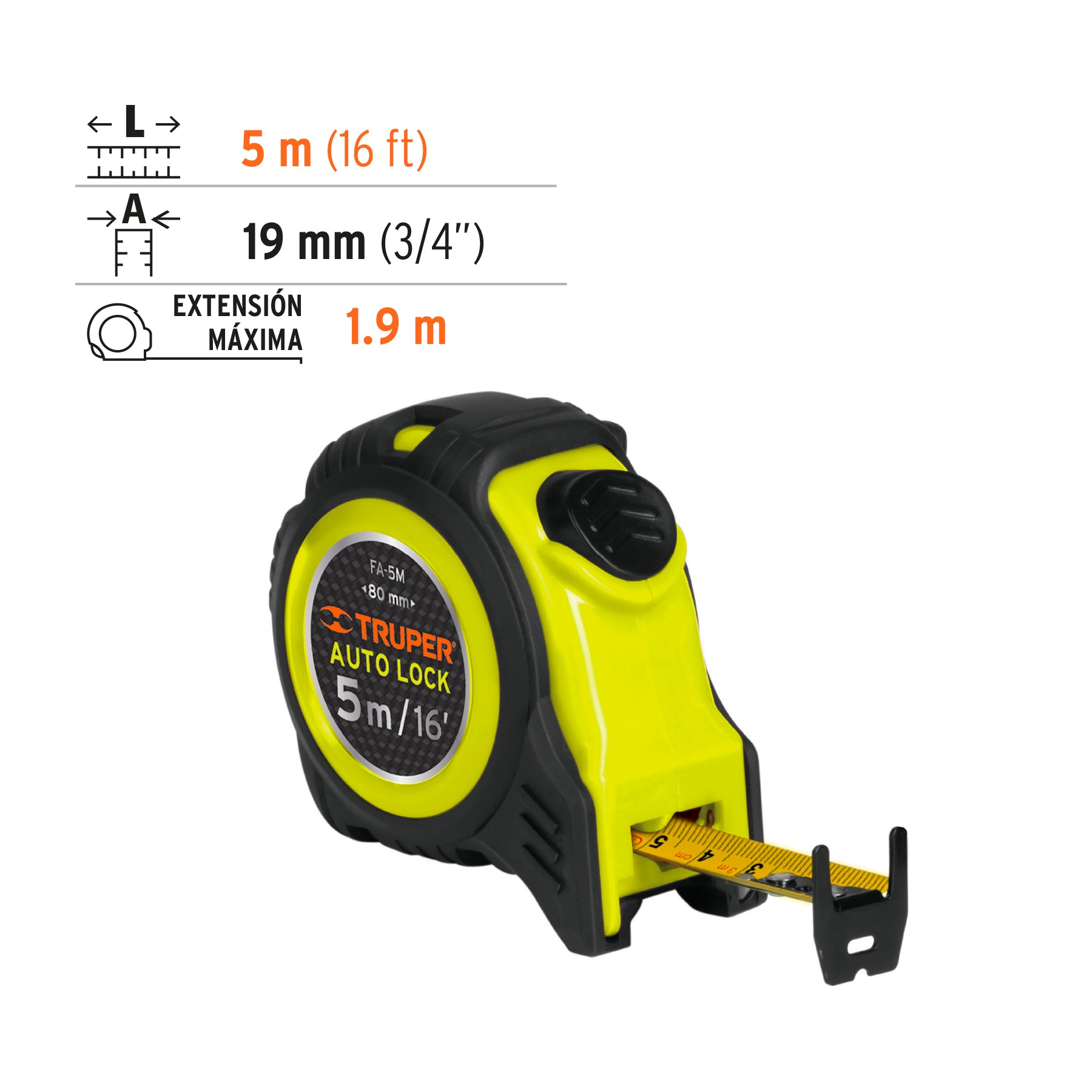 Flexómetro Auto Lock, 5 m, cinta 19 mm