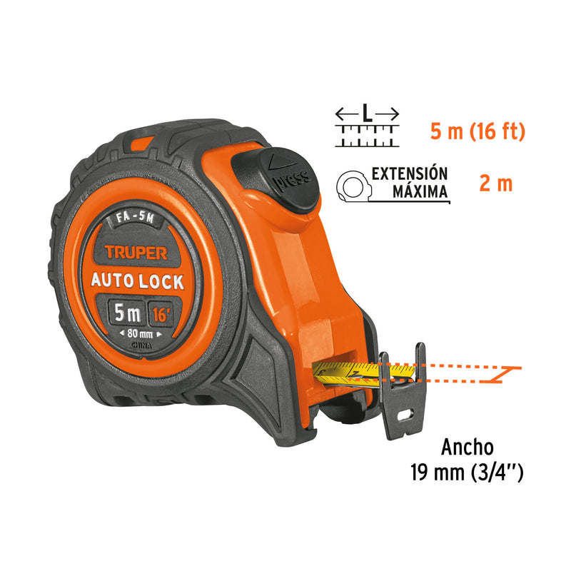 Flexómetro Auto Lock, 5 m, cinta 19 mm
